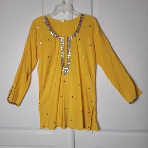 Fabindia Yellow Embroidered Long Sleeve Tunic Top Beaded Embellishments Large